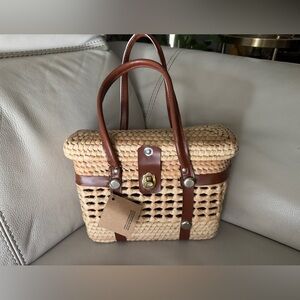 Taza Panier Leather Trim Tan and Brown hand bag